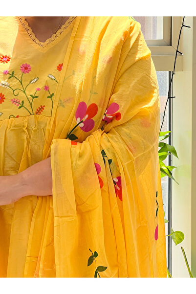 Ruh Collections Sunshine Yellow Floral Embroidered Anarkali Kurta Set