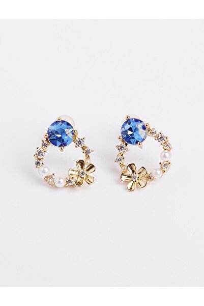 Jimmy Key Mavi Parlak Taşlı Çiçek Figürlü İncili Küpe