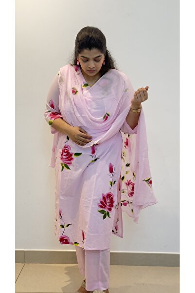 Ruh Collections Pink Hand Painted Cotton Kurta Set