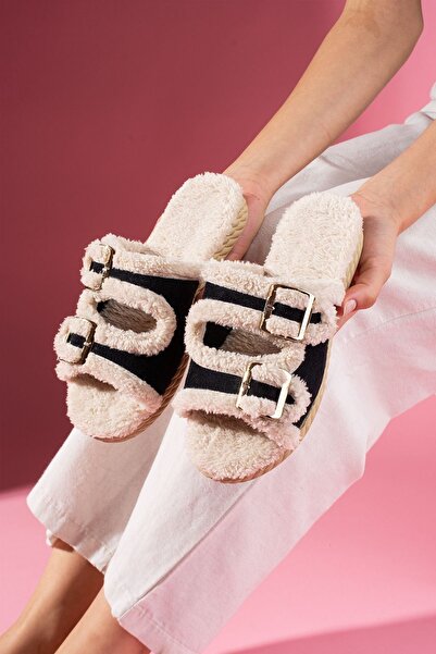 FUGA MODA Damy Navy Blue Buckled Double Strap Plush Detailed Women's House Slippers