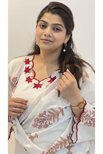 Ruh Collections White & Red Embroidery Cotton Kurta Set