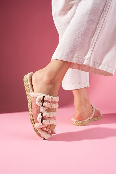 FUGA MODA Damy Powder Buckle Double Strap Plush Detailed Women's House Slippers