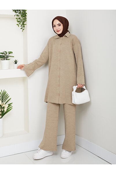 FERHEL Oversize Ribbed Steel Knit Detailed Cardigan Pants Knitwear Set