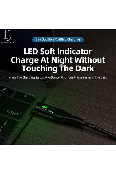 Blue Ocean USB C Cable 100W PD 5A QC Fast Charging With LED Display 480Mbps Data Cable, Nylon Braide