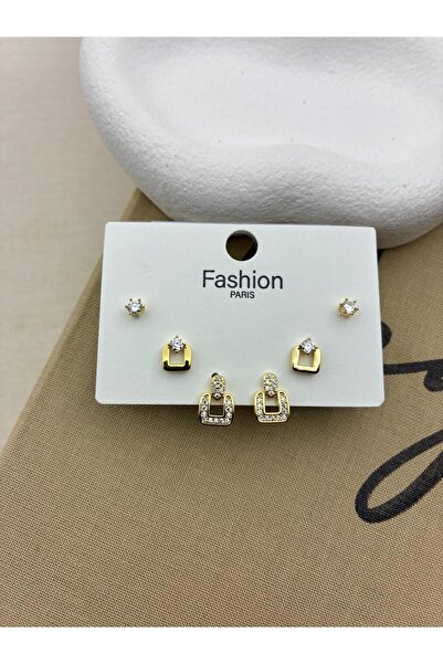 Hedef Bijuteri Zirkon Taşlı Gold Renk 6'lı Kare Köşeli Model Küpe Seti