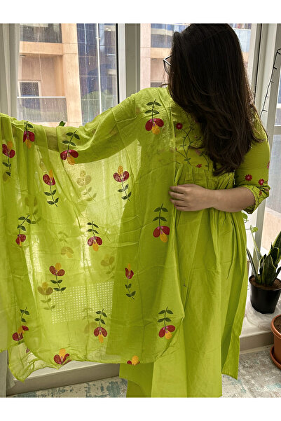 Ruh Collections Lime Green Floral Embroidered Anarkali Kurta Set