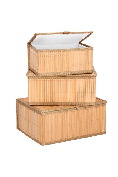 SERSIMO Set of 3 bamboo organizer boxes with lids, various sizes, brown