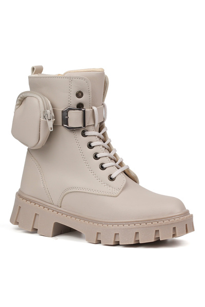 KAJILA Women's Beige Boots – Thick Sole with Wallet, Zipper, Lace-Up, Buckle, Comfortable, Casual, Stylish and Durable