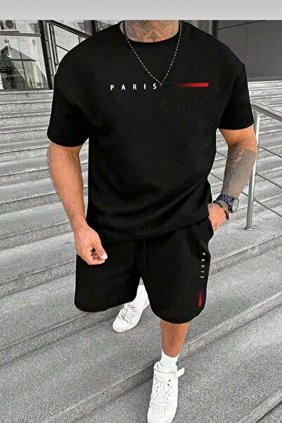 NO 601 Men's Black Crew Neck Red Paris Printed Black Sweatpants Set