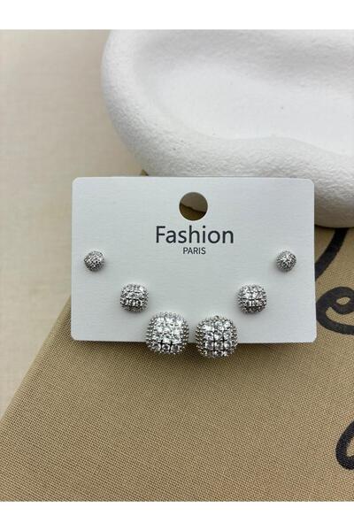 Hedef Bijuteri Zirkon Taşlı Gümüş Renk 6'lı Bombeli Kare Model Küpe Seti