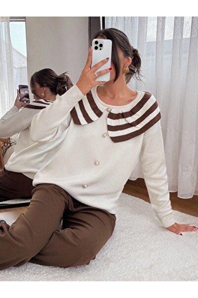 FIRAT kadın FİL KULAĞI YAKA VE DÜĞME DETAYLI ŞIK TRİKO KADIN KAZAK