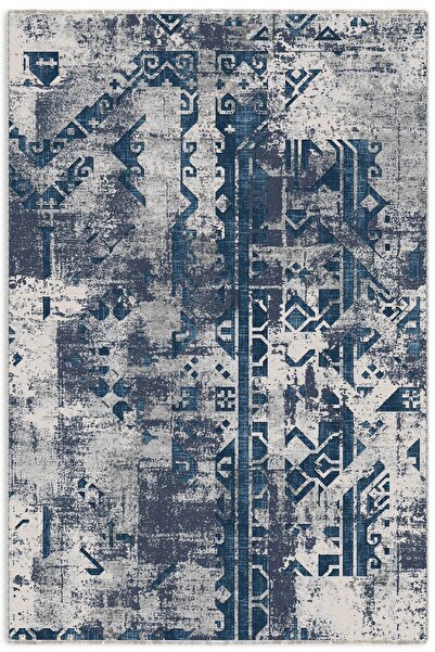 Pastel Home Lacivert Gri Tasarım Şönil Halı Kilim Yolluk Kaymaz Yıkanabilir S...