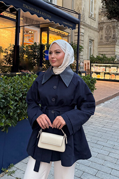 LOCCO Kadın Yakası Deri Trenç Lacivert