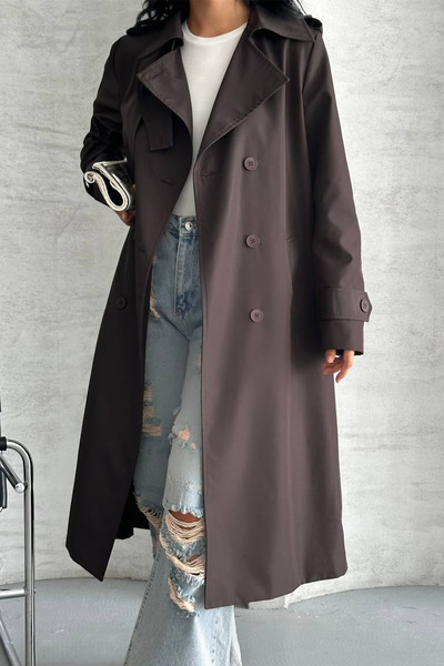 NET OF NOT Apolet Detaylı Dökümlü Kuşaklı Oversize Uzun Trençkot