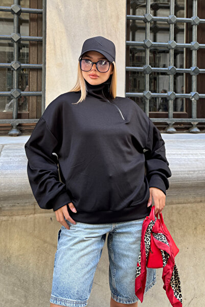 la & vetta Black Soft Textured Side Zipper Sweatshirt