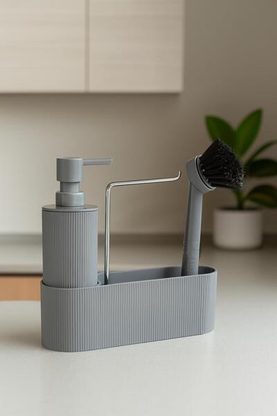 İLİVA Gri Sabunluk Fırçalı Mutfak Lavabo Düzenleyici Seti- Sabunluk,Fırça Ve ...