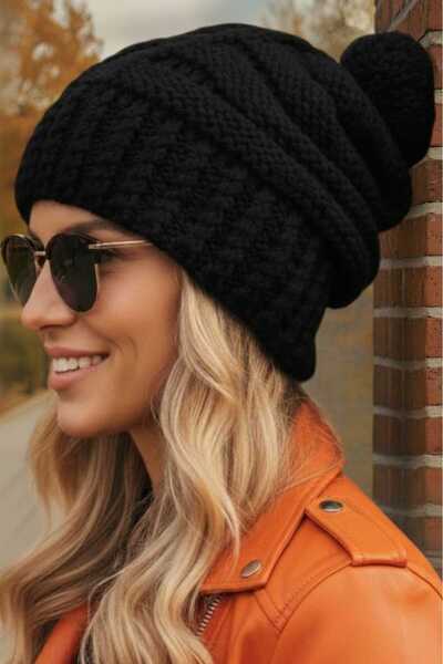 Mood Agenda Beretă de iarnă pentru femei, tricotată groasă cu pompon