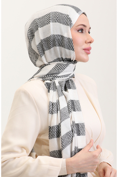 sefamerve Geometric Patterned Linen Shawl 70285-04 Black