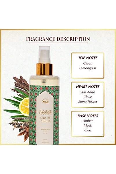 dukhni Oud Al Awatef Attar Al Faraash | 250ml Non Alcoholic Spray | Arabic Natural Mist | Air Freshe