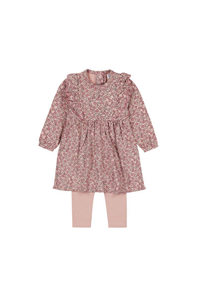 Dirkje Girls' cotton set with ruffled dress and skinny pants – soft pink | Flowers