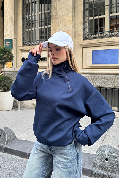 la & vetta Navy Blue Soft Textured Side Zipper Sweatshirt