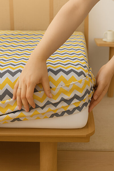 Vip Home Concept ملاءة سرير مزدوجة مرنة 160 سم × 200 سم ملاءة قطنية - أصفر رمادي متعرج