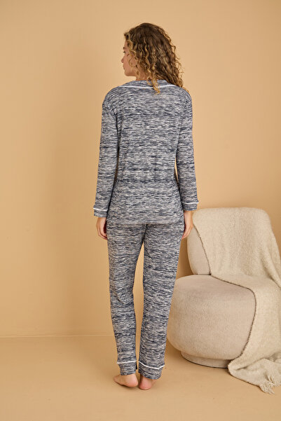 Siyah İnci Navy Blue Mixed Color Soft Textured Knitwear Winter Knitted Buttoned Pajama Set7954-7