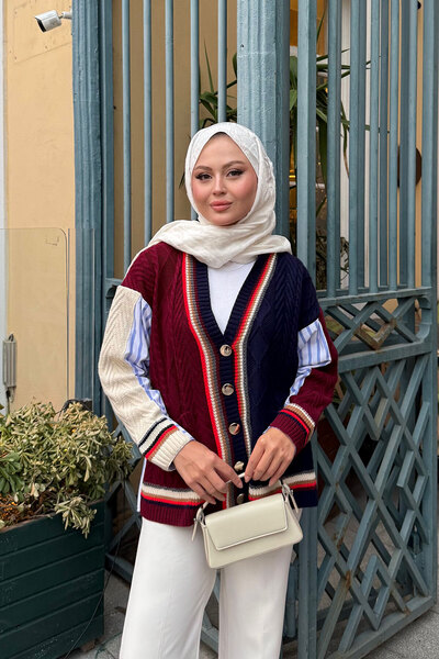 LOCCO Women's Colorful Knitted Detail Cardigan Burgundy