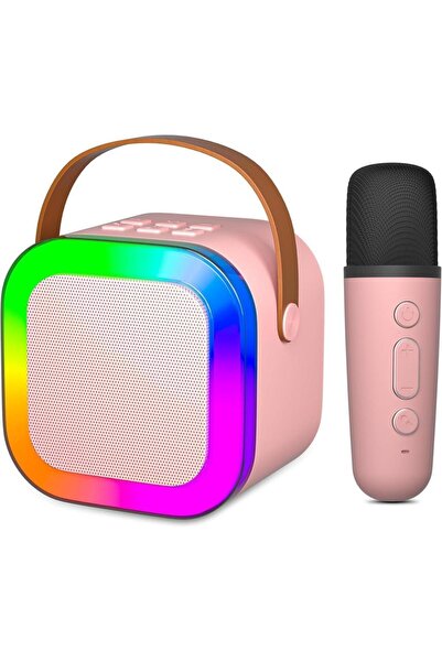 Rose K12 Taşınabilir Şarjlı Bluetooth Karaoke Mini Mikrofon ve Hoparlör Seti - Pembe