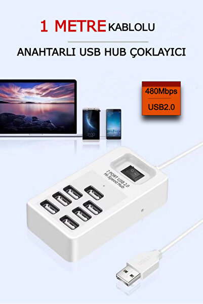 Ecuy 7 Portlu USB Hub Çoklayıcı Anahtarlı HI-Speed Hub 1 Metre Kablolu USB 2.0