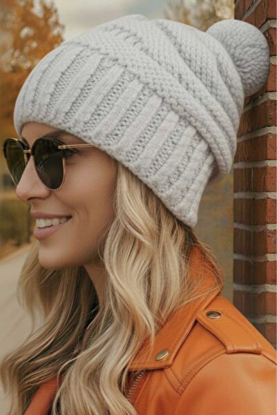 Mood Agenda Beretă de iarnă pentru femei, tricotată groasă cu pompon