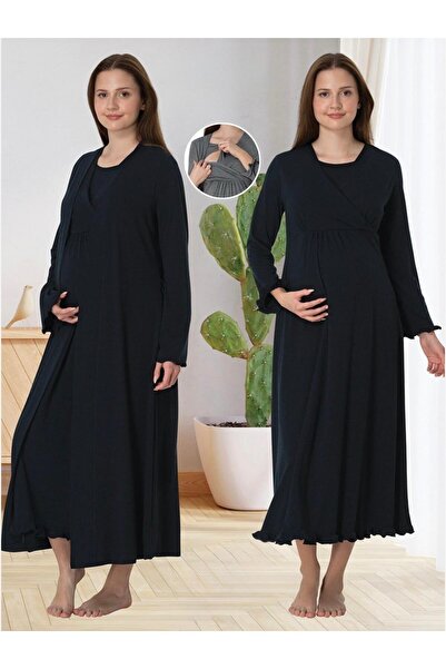 Lohusa Homewear Kadın Lacivert Özel Tasarım Pamuk Penye Hamile Lohusa Sabahlık Gecelik Seti