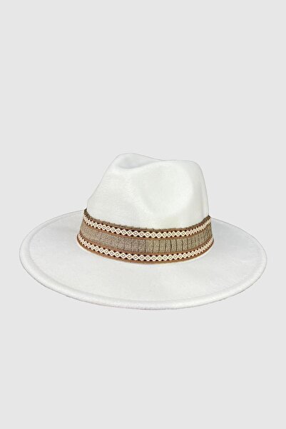 Külah Bohemian Style Striped White Fedora Hat