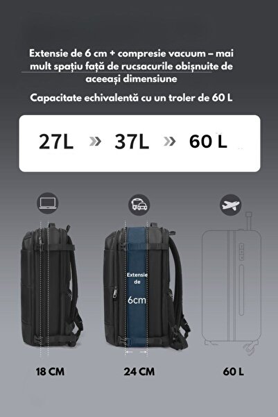 OEM Vacuum Travel Backpack with Pump, 30-60L, Compact, Airplane Cabin, Expandable, Black
