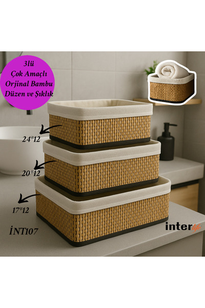 İnterlife Bambu 3lü Sepet Çok Amaçlı Banyo Dolap İçi Düzenleyici Yıkanabilir ...
