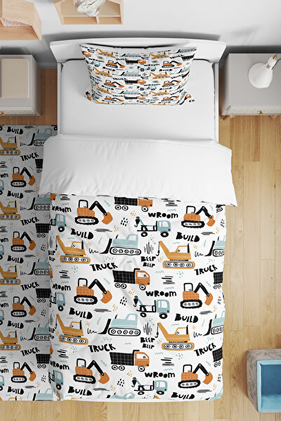 BelezaHome Orange Blue Construction Machinery Themed Single Baby Kids Bedding Set