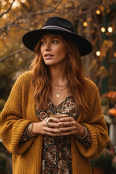 Külah Черна федора шапка с ленти в бохемски стил