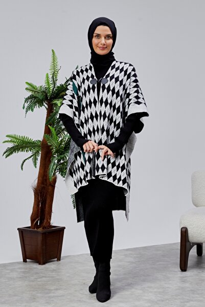 CNR TEKSTİL Bearded Tricot Poncho with Baklava Patterned Striped Button Detail Accessories