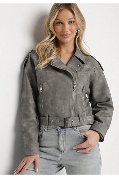 dibcollectionn سترة جلدية نسائية رمادية اللون بحزام وتصميم قصير عتيق