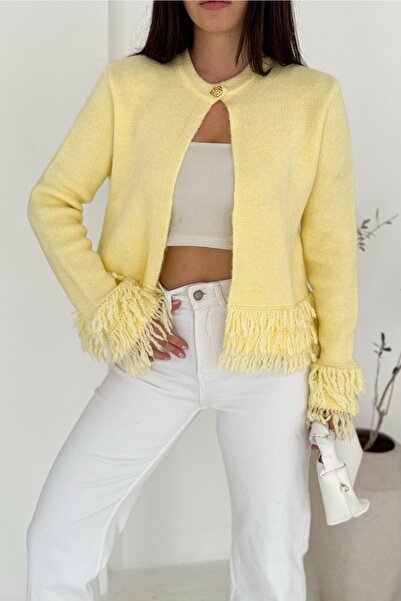 FEMELLE Kadın Sarı Triko Hırka Püskül Detaylı Boyundan Tek Düğmeli Standart Beden