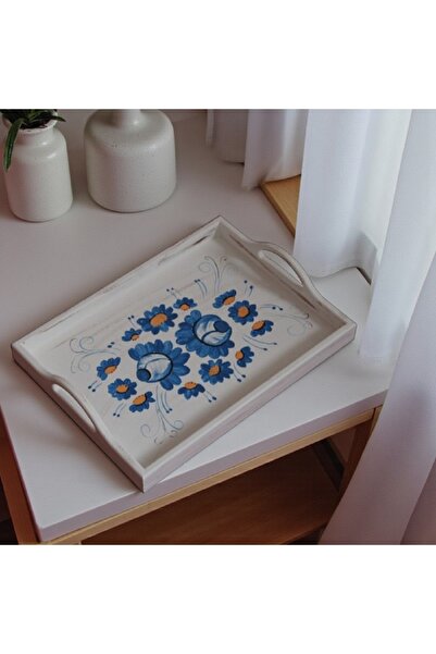 Decoratiuni Vintage Casa Retro Tava din lemn, decorativa, alb si albastru, pi...