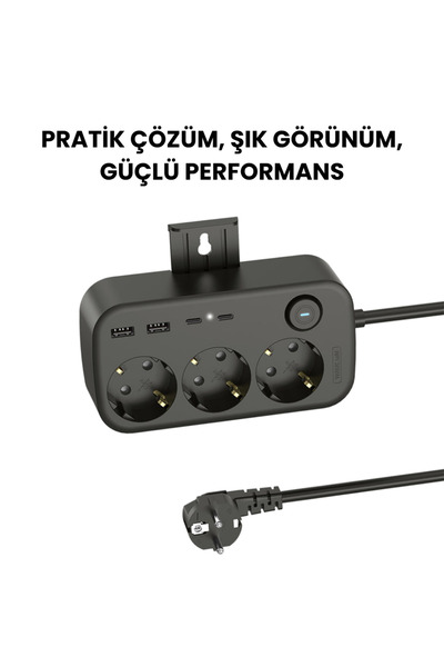 SMAYLİNG 3’lü Akım Korumalı Priz | 2 USB + 2 Type-C Anahtarlı ve Duvara Monte...