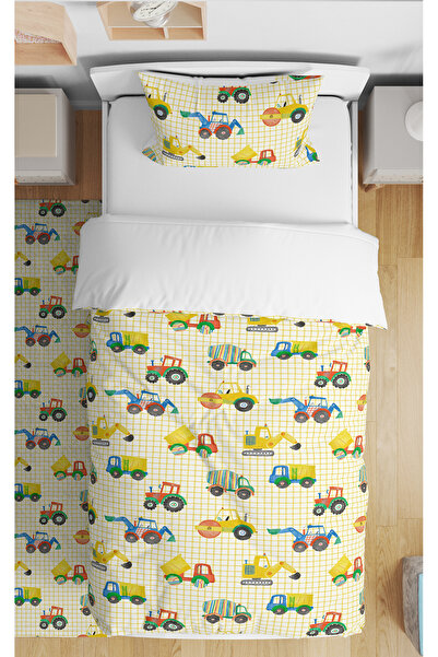 BelezaHome Yellow Plaid Construction Machinery Themed Single Baby Kids Bedding Set
