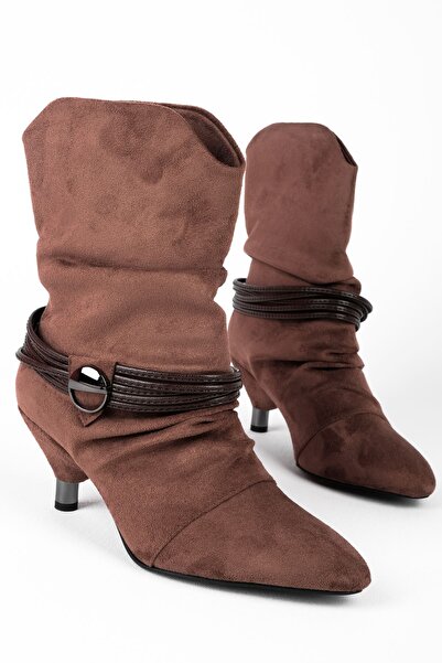 Lal Shoes & Bags Lavin Kadın Süet Deri İp Detaylı Tokalı Yumurta Topuklu Bot b4215-S.KAHVE