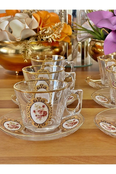 P&ORA PREMIUM KITCHEN PRODUCTS Cup Set 24 Pieces for 12 People Real Gilt (Shiny) Decorated Tea Set Coffee Set Luxury Glass