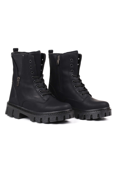 KAJILA Women's Black Nubuck Zipper Detailed Boots – Thick Sole Zippered Lace-Up Comfortable Daily Stylish and Da