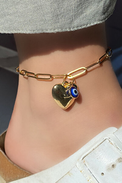 Cozyce Gold Color Heart Figured Evil Eye Bead Detailed Steel Anklet