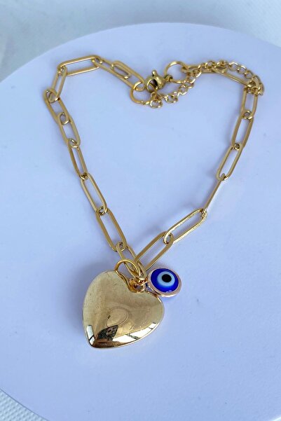 Cozyce Gold Color Heart Figured Evil Eye Bead Detailed Steel Anklet