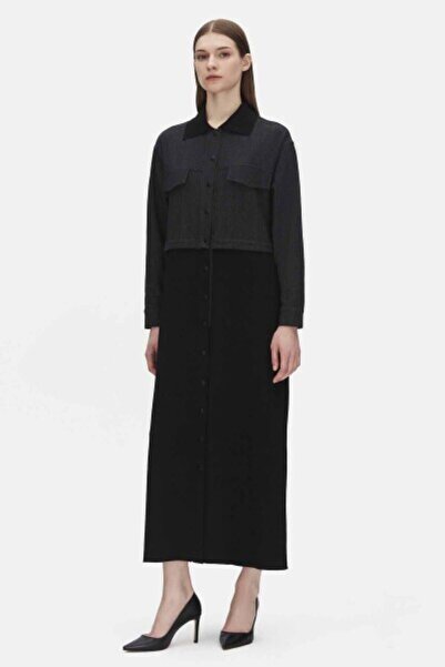 MISS DALIDA Triko Detaylı Uzun Denim Siyah Kap