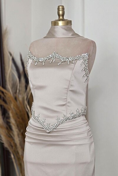 Yonca Moda Evi Ekru Taşlı Korseli Abiye 6135